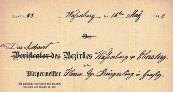 Briefkopf des Eichamtes Wasserburg / Ebersberg, aus einem Schreiben von 1883 an die Marktgemeinde Grafing.	Foto: Archiv der Stadt Grafing