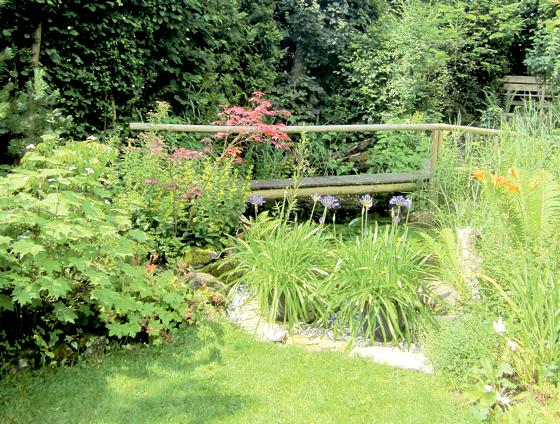 Zahlreiche Kräuter- und Gemüsesorten kultivieren die Jirschiks in Ihrem Garten. Teich und Brücke sowie liebevoll gestaltete Pflanzenformationen lassen den Garten naturnah wirken. 	Foto: VA