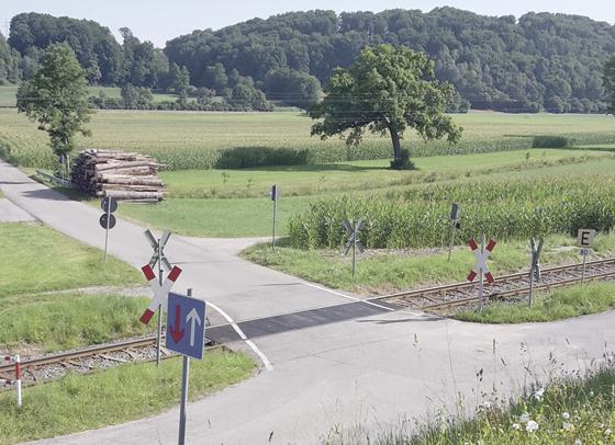Der unbeschrankte Bahnübergang in Oberndorf. Ab 3. August wird mit den Baumaßnahmen begonnen.	 F.: Stadt Ebersberg