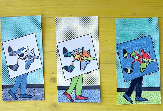 Die drei Kartenmotive sollen von den Kids eigenständig und kreativ verändert werden.	Foto: VA