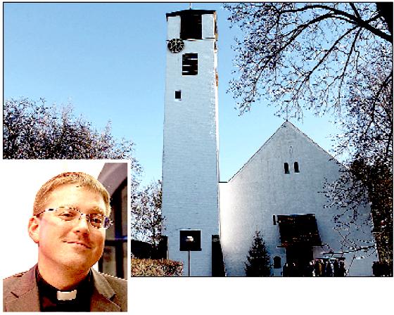 Großes Foto: die St. Raphael Kirche an der Lechelstraße. Kleines Foto: Stadtjugendpfarrer Tobias Hartmann wünscht frohe Festtage. 	Fotos: ch/privat