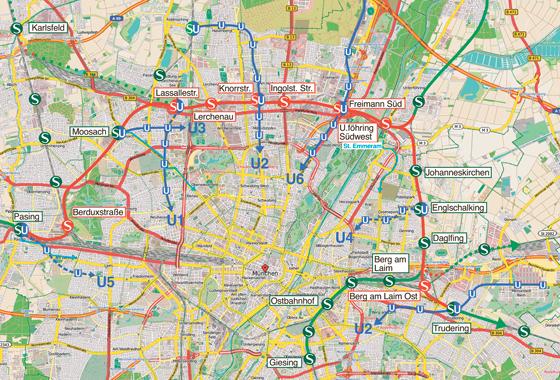 Piazolos Entwurf sieht die Installierung von sechs neuen S-Bahnhöfen im Münchner Norden vor. Darstellung: Vieregg-Rössler GmbH, Karte: © OpenStreetMap-Mitwirkende, liz. unter CC-BY-SA