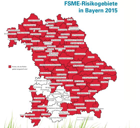 Die rot gefärbten Landkreise gehören nach Einstufung des Robert-Koch-Instituts zu den Risikogebieten für FSME  in Bayern sind das 82 von 96 Landkreisen und kreisfreien Städten.	Karte: Bayerisches Gesundheitsministerium