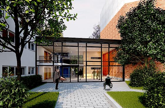 Für das Glas-Foyer zwischen Kirche und Gemeindehaus und weitere Baumaßnahmen muss die Michaelskirchengemeinde etwa 200.000 Euro aufbringen. 	Animation: Brechensbauer Weinhart + Partner Architekten