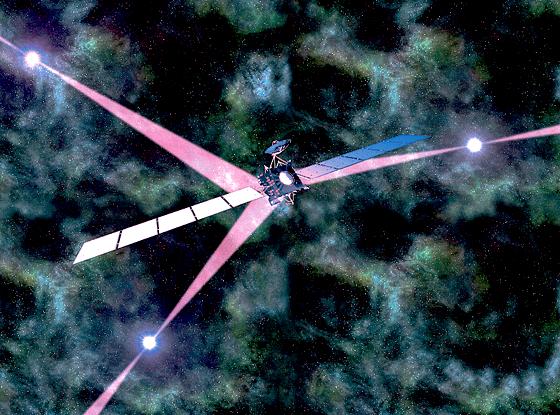 Die charakteristischen Pulse von stark magnetisierten und schnell rotierenden Neutronensternen (Pulsaren) dienen als kosmische Leuchttürme zur Bestimmung von Position und Geschwindigkeit eines Raumschiffes.	Foto: © Rosetta (ESA), Collage (MPE)
