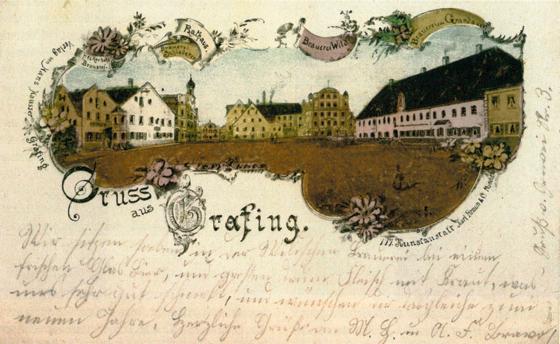 Eine gemalte Bildpostkarte von 1899 zeigt die damals noch vier Brauereien Grafings.	F: Archiv Grafing
