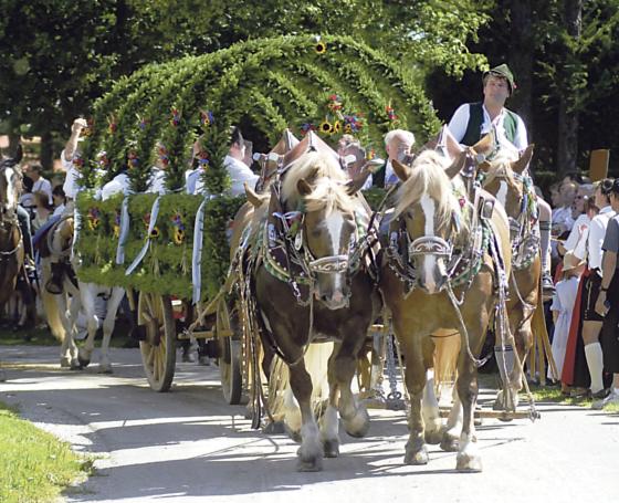 Zum traditionellen Leonhardifest gehört auch die Umfahrung der Leonhardikirche mit Kutschen und festlich geschmückten Gespannen.	Foto: Schunk