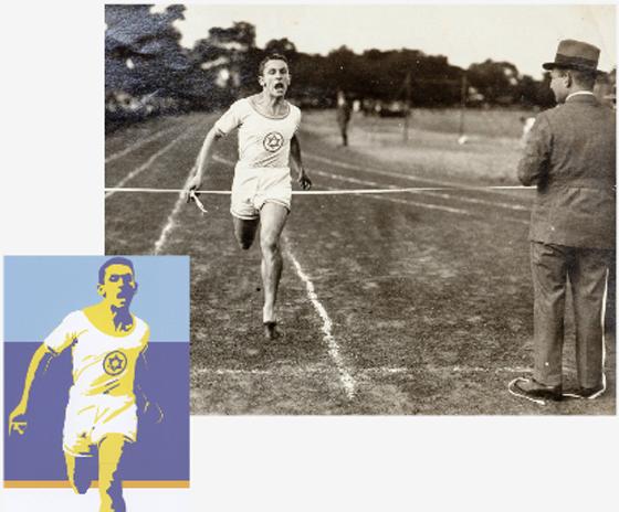 Ernst Emanuel Simon beim Zieleinlauf, um 1919. Das Foto ist die Grundlage für das Titelbild der Ausstellung (links).	Foto: Familie Simon, Israel