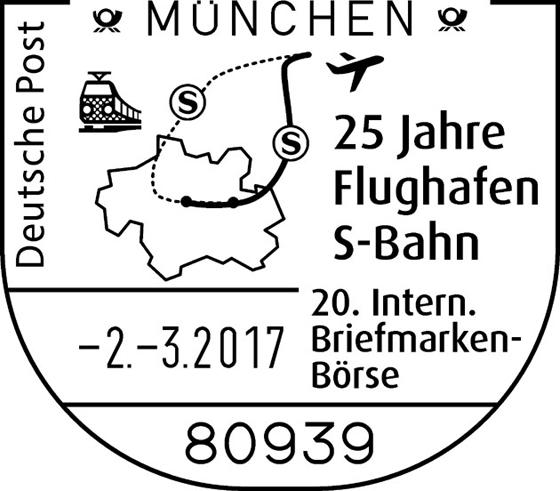 Der Sonderstempel zum 25. Geburtstag der Münchner Flughafen-S-Bahn.	 	  Bild: Deutsche Post