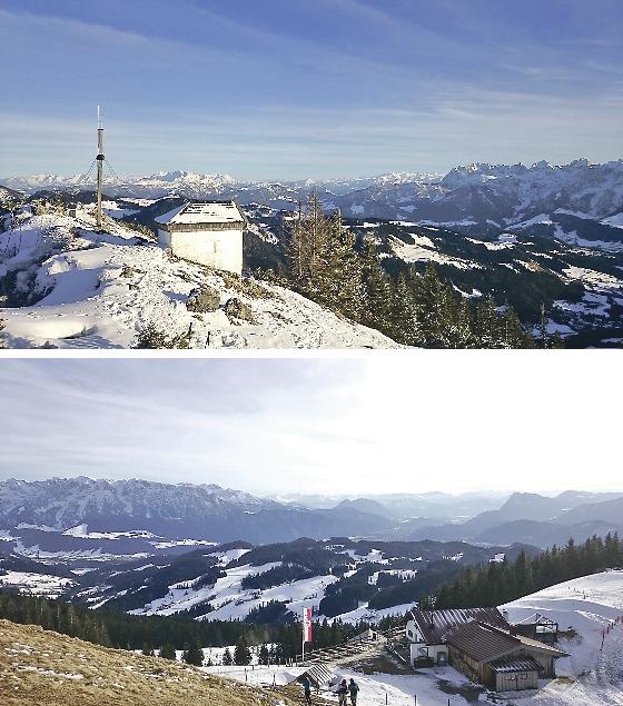 Zwei Eindrücke vom Ausflug zum Spitzstein: Die kleine Gipfelkapelle und die griabige Altkaseralm. 	Fotos: Stefan Dohl