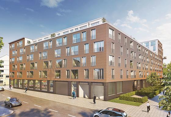 Das zur Falkenstraße hin ausgerichtete Gebäudeensemble soll sandfarben gestrichen werden.  	     Bild: Formstadt Architekten/Bayerische Hausbau