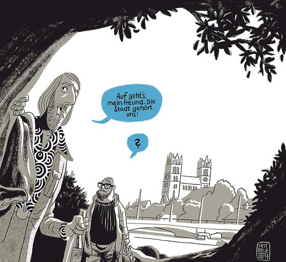Uli Oesterle hat in seiner Graphic ­Novel »Vatermilch«, aus der dieses Bild stammt, Teile seiner Familiengeschichte verarbeitet. Zum Comic-Festival wurde der Text abgewandelt: »Auf gehts, mein Freund, die Stadt gehört uns!«  den Comicfans.