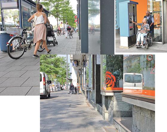 Eine Straße, zwei Gesichter: die Bunzlauer Straße am Moosacher Bahnhof. (Foto rechts oben) Bedienfelder müssen bei Automaten gut erreichbar sein.	Fotos: K. Brenner