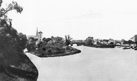 Die Kalkofeninsel (links) mit dem Muffatbrunnhaus. Diese Aufnahme stammt aus dem Jahr 1865.	Foto: gemeinfrei