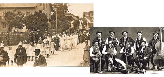 Eine Prozession durch die Truderinger Straße (1920) und  unten der Verein Bauernkapelle (1900).	Fotos: Kulturkreis