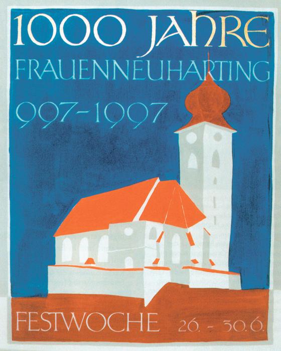 Von dem Kirchenmaler Peter Lammel gestaltete Hinweistafel auf die Festwoche der Frauenneuhartinger 1000-Jahr-Feier 1997. 	Foto: Heimatverein Frauenneuharting e.V.