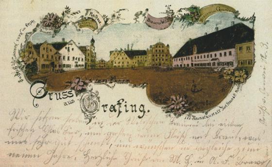 Eine gemalte Bildpostkarte von 1899 zeigt die damals noch vier Brauereien Grafings. 	F: Museum der Stadt Grafing