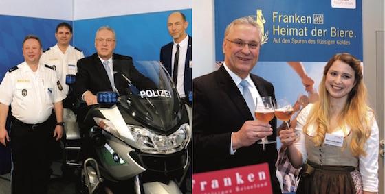 Der Innenminister hat die richtige Reihenfolge eingehalten: Erst nahm er auf dem Polizeimotorrad Platz, dann genehmigte er sich bei einer Verkostung einen Schluck fränkisches Bier.  Fotos: Robert Bösl