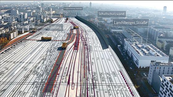 Die Baustellen zur 2. Stammstrecke im Münchner Westen (hier am Bahnhof Laim) werden durch Baustraßenunterführungen erschlossen. Der laufende S-Bahnbetrieb soll  nicht beeinträchtigt werden. Simulation: Deutsche Bahn AG/Fritz Stoiber Productions GmbH