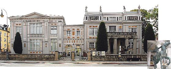 Franz von Stuck entwarf die neoklassizistische Villa für sich als Wohnhaus. Foto rechts: Zur Jubiläumsausstellung wurde Stucks Amazone wieder »reingeholt«. Fotos: Wikiolo, CC BY-SA 4.0/Fb78, CC BY-SA 2.0 de