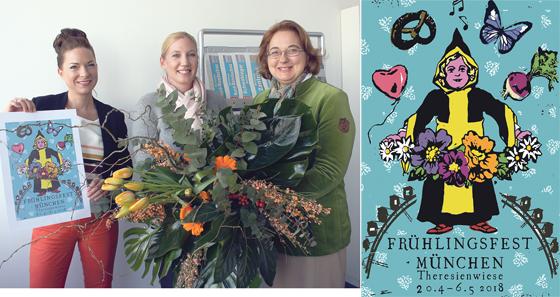 Die strahlende Gewinnerin Julia Maier erhält von Yvonne Heckl einen wirklich stattlichen Blumenstrauß. Sandra Bruckner von den Münchner Wochenanzeigern präsentiert das Gewinnermotiv für den Frühlingsfestkrug. Fotos: cr