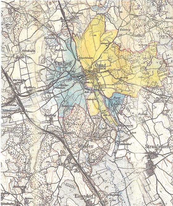 Die Gebiete der zusammengewachsenen Gemeinden Grafing und Öxing, wie sie 1933 in einer Karte von 1911 farblich markiert wurden. 	Foto: Staatsarchiv München
