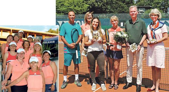 Jan Neusiedl (2.v.r.) gratulierte den Tennis-Damen 40 und Melanie Elter (3.v.li.) zur erfolgreichen Tennissaison 2018, die mit einem Aufstieg gekrönt wurde. Foto li.: Die Tennisdamen aus Grünwald konnten die Früchte ihrer Arbeit gebührend feiern. F: VA