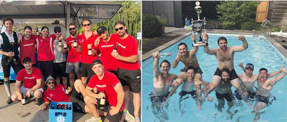 Spieler des EHC Klostersee feiern mit einem kühlen Siegerbier die gewonnene Grafinger Lebendkicker-Meisterschaft. Anschließend ging es zu einer spontanen Poolparty.	Fotos: EHC