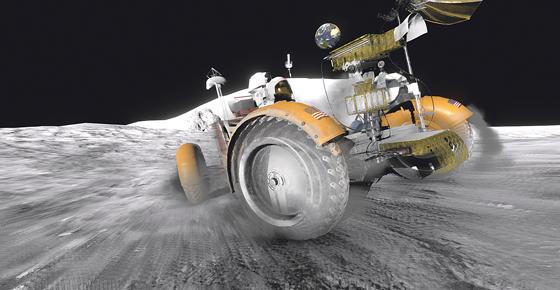 Im Deutschen Museum zu erleben: Rasante Fahrt über die Mondoberfläche mit dem Lunar Rover.                                                                          Grafik: Deutsches Museum/Time in the Box GmbH	