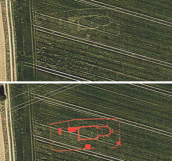 Oben das Luftbild, das Harald Krause durch Google Earth gefunden hat, unten das gleiche Bild mit Umzeichnung des Kirchengrundrisses von Harald Krause. 	Luftbild: © Google Earth