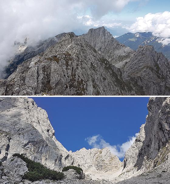 Die alpine Bergtour auf den Treffauer ist für trittsichere und schwindelfreie Geher ein Genuss! Beispiele bieten der luftige Grat (oben) und das Schneekar (unten).	Foto: Stefan Dohl