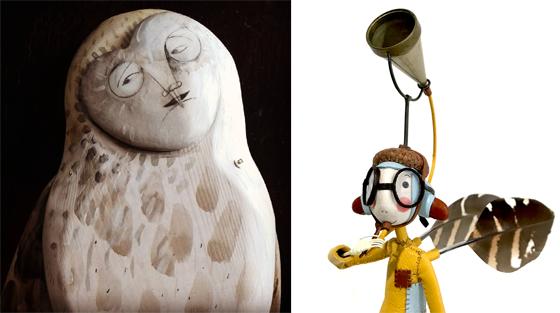 "Warning Horn" von Samantha Bryan. Foto links: "Owl jumping jack" von Racel Larkins. Fotos: Galerie Handwerk