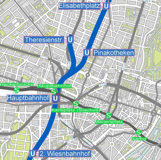 Der geplante Linienweg der U9 zwischen Implerstraße und Münchner Freiheit. Foto: © MVG