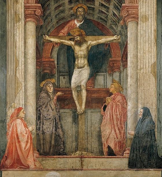 Die Dreifaltigkeit im Fresko in der Kirche Santa Maria Novella in Florenz. Es wurde zwischen 1425 und 1428 von Masaccio geschaffen. Foto: Gemeinfrei