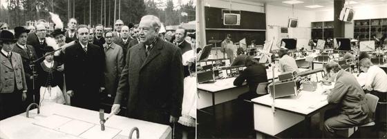 Der damalige Ministerpräsident Ministerpräsident Alfons Goppel bei der Grundsteinlegung vor 45 Jahren. Foto rechts: Damals wie heute erhalten im BFW Menschen eine neue Berufsqualifikation. Foto: BFW