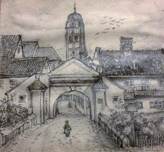 Die Haager Straße in Erding war ein frühes Motiv des Malers Hiasl Maier, dem noch viele folgen sollten. Grafik: Hiasl Maier