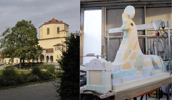 Das Modell der Sphinx, die ab 11. April vor dem Nordfriedhof aus Kelheimer Kalkstein entstehen soll. Foto: Steinmetz-Innung München-Oberbayern