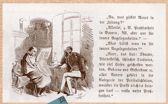 Die Karikatur zur Preßfreiheit auf dem Plakat wurde 1847 in den Fliegenden Blättern veröffentlicht; Zeichner: Carl Stauber. Foto: Bayerisches Hauptstaatsarchiv