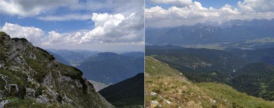 Der Gipfel des Bischof (2.033 m) hoch über dem Loisachtal. Bild rechts: Vom Krottenkopf hat man die gesamte Karwendelkette im Blick. Fotos: Stefan Dohl