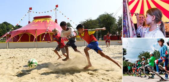 Beachfußball ist ein Muss im sommerlichen Olympiapark. Auch gibt es eintägige Angebote in der Beacharea und der Kreativwerkstatt und Umsonst & Draußen. Bild rechts oben: Hier gibt es einwöchige Workshops von Akrobatik bis Zauberei. Fotos: VA