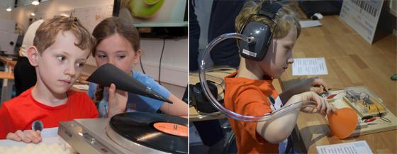 In der Hörwerkstatt des Deutschen Museums entdecken Kinder spielerisch das vielleicht spannendste Organ des Menschen: das Ohr. Bild rechts: Dem Ton auf die Spur geht es in der Hör-Werkstatt des Deutschen Museums. Fotos: © MED-EL