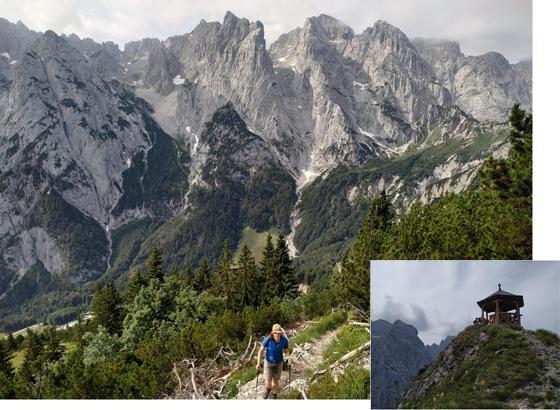 Bilderbuchlandschaft im Tiroler Kaiserbachtal. Bild rechts: Oben auf dem Stripsenkopf steht anstelle eines Gipfelkreuzes ein Gipfelpavillon. Fotos: Stefan Dohl