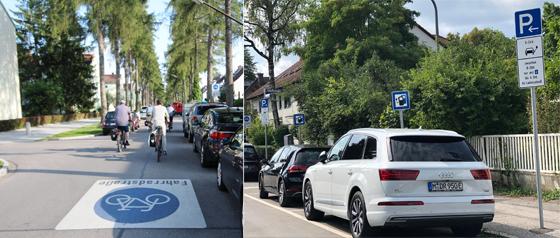 Fahrradstraßen gehören mittlerweile zum Erscheinungsbild - auch in Untergiesing-Harlaching. Bild rechts: Auch für die E-Mobilität vor Ort legt sich die Stadt München mächtig ins Zeug. Fotos: RedHe/hw