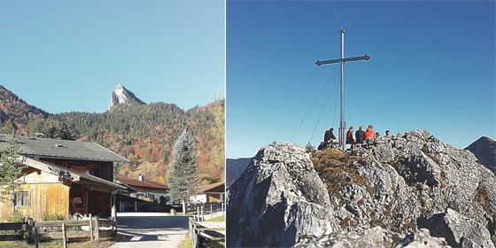 Der im Gipfelbereich felsige Leonhardstein von Kreuth aus gesehen. Foto rechts: Der Leonhardstein ist ein perfektes Gipfelziel für den Spätherbst. Fotos: Stefan Dohl