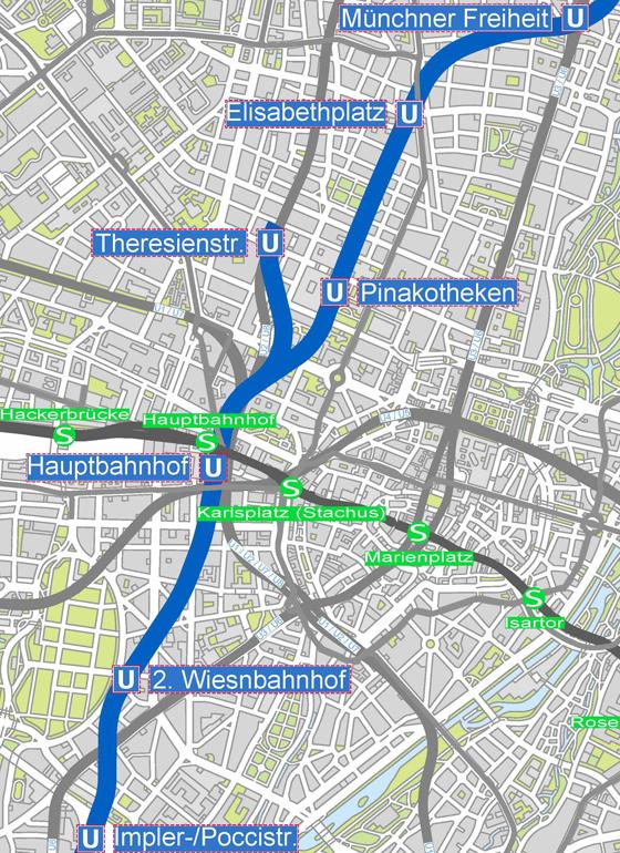 Der geplante Linienweg der U9 zwischen Implerstraße und Münchner Freiheit. Foto: © MVG