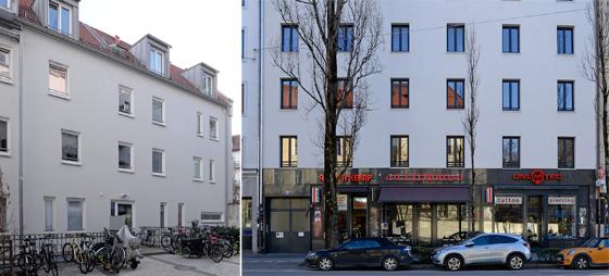 Das Rückgebäude mit dem Garagen-Nebengebäude. Links: Das Vordergebäude an der Lindwurmstraße 75 verfügt über Wohnungen und Gewerbeeinheiten. Fotos: GEWOFAG