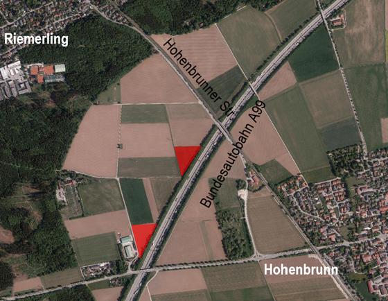 Die Standorte für die künftigen Freiflächen-Photovoltaikanlagen sind hier rot markiert. Foto: Gemeinde Hohenbrunn