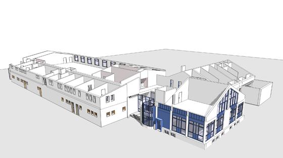 Erneuert und ausgebaut wird insbesondere der erste Stock über der bestehenden Fahrzeughalle (Gebäude im Bild links). Foto: meuer - planen beraten Architekten GmbH