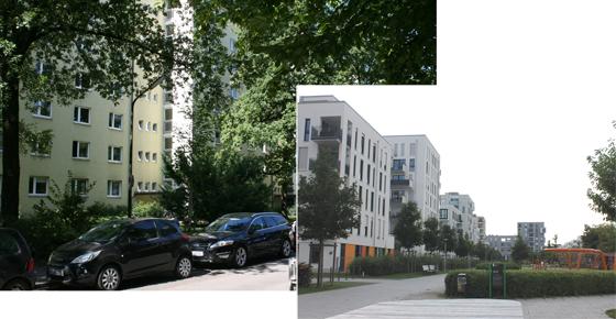 Die in den 1950er Jahren entstandene Parkstadt Bogenhausen gilt als Musterbeispiel für modernen Wohnungsbau nach dem Krieg. Bild re.: Wo früher Industrieanlagen waren, liegt heute das Wohngebiet Agfa-Park, offiziell Parkviertel Giesing. F: bs