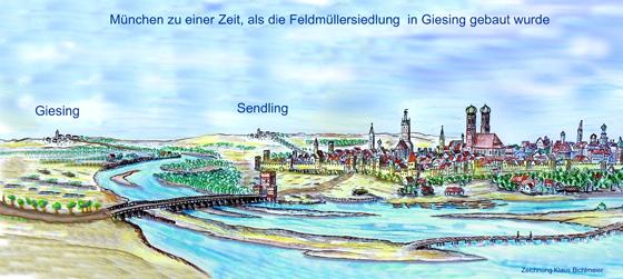 So sahen die Stadt München (rechts) und das Dorf Giesing (links) aus, als die Feldmüllersiedlung Mitte des 19. Jahrhunderts erbaut wurde. Bild: Klaus Bichlmeier